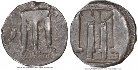 BRUTTIUM. Croton. Ca. 480-430 BC. AR stater (19mm, 8h). NGC VF, overstruck. ϘPO (P retrograde), tripod with leonine feet, heron standing right to left...