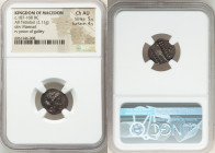 MACEDONIAN KINGDOM. Ca.187-168 BC. AR tetrobol (15mm, 2.11 gm, 8h). NGC Choice AU 5/5 - 4/5. Head of nymph right, wearing vine-leaf crown, earring and...