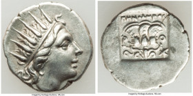 CARIAN ISLANDS. Rhodes. Ca. 88-84 BC. AR drachm (15mm, 2.36 gm, 11h). XF. Plinthophoric standard, Menodorus, magistrate. Radiate head of Helios right ...