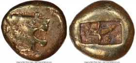 LYDIAN KINGDOM. Alyattes or Walwet (ca. 610-546 BC). EL third-stater or trite (12mm, 4.72 gm). NGC Choice VF 5/5 - 3/5. Uninscribed, Lydo-Milesian sta...