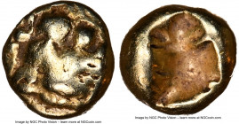 LYDIAN KINGDOM. Alyattes or Walwet (ca. 610-546 BC). EL 1/12 stater or hemihecte (7mm, 1.14 gm). NGC Choice Fine 5/5 - 3/5. Sardes mint. Head of roari...