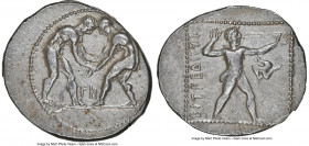 PAMPHYLIA. Aspendus. Ca. 380-250 BC. AR stater (25mm, 11h). NGC XF, brushed, scuff. Two wrestlers grappling; FN (N retrograde) between, dotted border ...