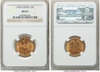 Republic gold 25 Schilling 1928 MS63 NGC, Vienna mint, KM2841. Merlot tone. 

HID09801242017

© 2022 Heritage Auctions | All Rights Reserved