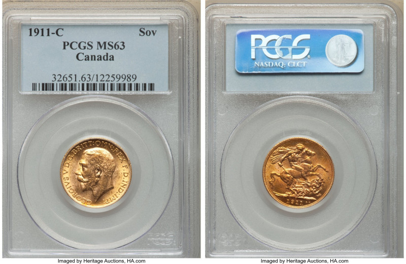 George V gold Sovereign 1911-C MS63 PCGS, Ottawa mint, KM20. AGW 0.2355 oz. 

HI...