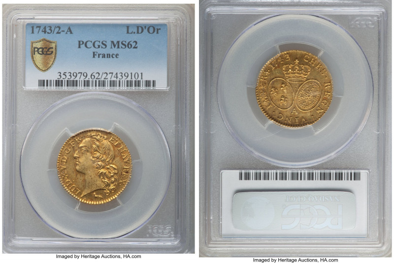 Louis XV gold Louis d'Or 1743-A MS62 PCGS, Paris mint, KM513.1, Fr-464. Well str...