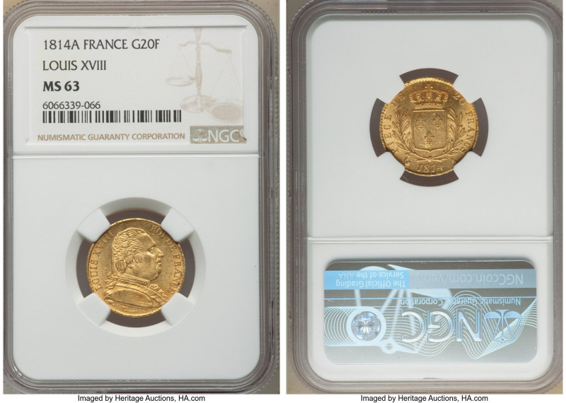 Louis XVIII gold 20 Francs 1814-A MS63 NGC, Paris mint, KM706.1. Shimmering refl...