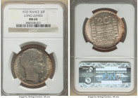 Republic 20 Francs 1933 MS65 NGC, Paris mint, KM879. Long leaves variety. Excellent eye appeal with saffron, peach and peripheral cranberry toning. 

...