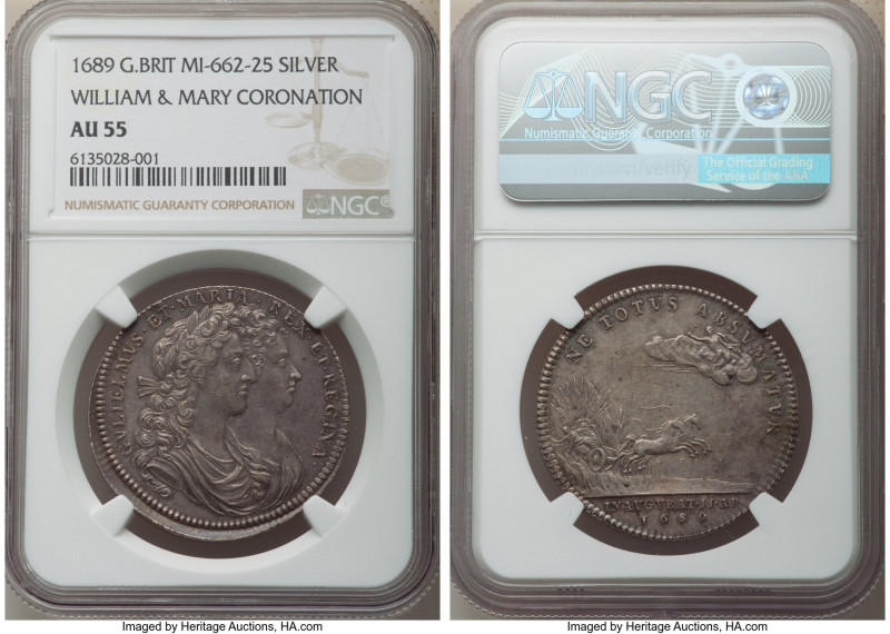 William & Mary silver "Coronation" Medal 1689 AU55 NGC, Eimer-312a, MI-662/25. 3...
