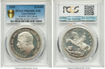 George V Proof Crown 1935 PR63 Deep Cameo PCGS, KM842, S-4050, Raised edge lettering. Cloudy white toning with underlying reflectivity. 

HID098012420...