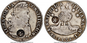Central American Republic Counterstamped 8 Reales ND (1840) VF30 NGC, KM112.1. cf. KM97 (for host). Displaying Type III counterstamp sun above volcano...
