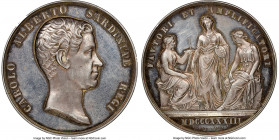 Sardinia. Carlo Alberto silver "Architecture and Arts" Medal 1855-Dated MS63 NGC, 47mm. Edge Fara-Forni. By. G. Galeazzi. CAROLO ALBERTO SARDINIAE REG...