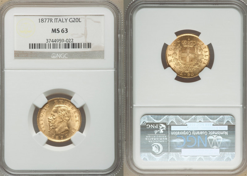 Vittorio Emanuele II gold 20 Lire 1877-R MS63 NGC, Rome mint, KM10.2. AGW 0.1867...