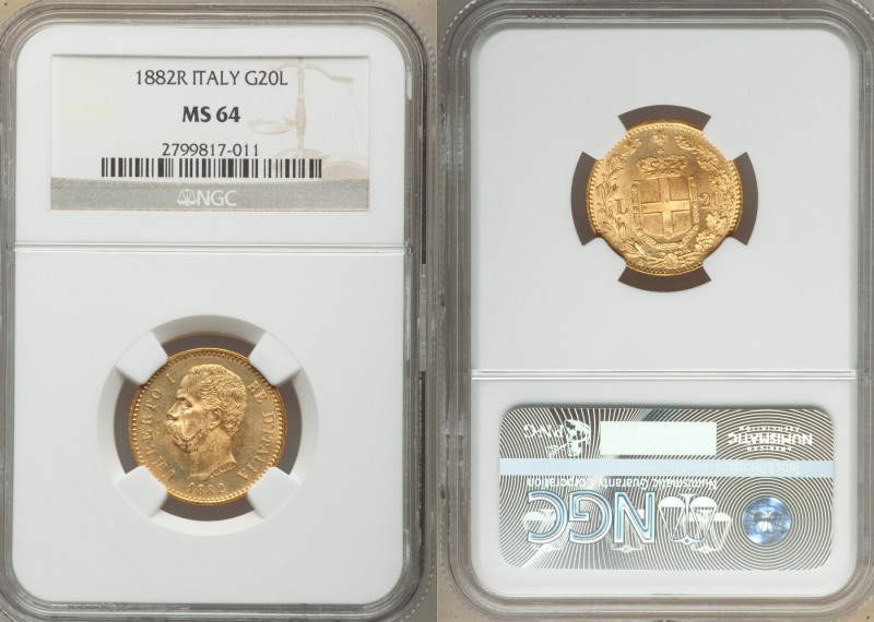 Umberto I gold 20 Lire 1882-R MS64 NGC, Rome mint, KM21. AGW 0.1867 oz. 

HID098...