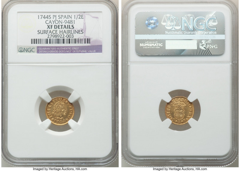 Philip V gold 1/2 Escudo 1744 S-PJ XF Details (Surface Hairlines) NGC, Seville m...