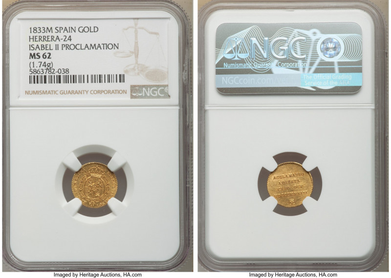 Isabel II gold Medallic "Proclamation" 1/2 Escudo 1833-M MS62 NGC, Madrid mint, ...
