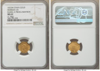Isabel II gold Medallic "Proclamation" 1/2 Escudo 1833-M MS62 NGC, Madrid mint, Herrera-24, Fr-232a. 1.74gm. ELISAB. II. HISP. ET. IND. REGINA Crowned...