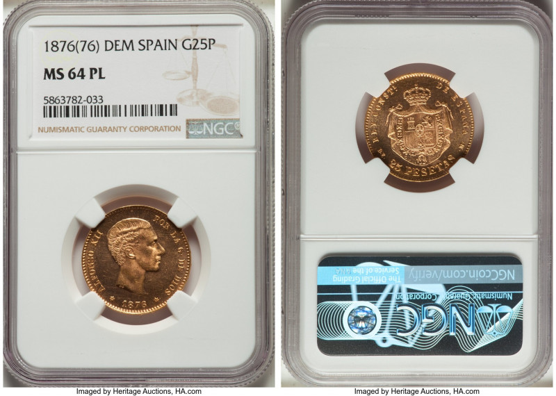 Alfonso XII gold Prooflike 25 Pesetas 1876(76) DE-M MS64PL NGC, Madrid mint, KM6...