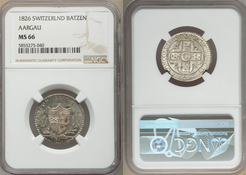 Aargau. Canton Batzen 1826 MS66 NGC, KM21. Taupe-gray toning with reflective lus...