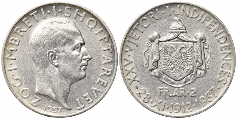 ALBANIA. Zog I (1928-1939). 2 Frang Ar 1937. Ag. KM#19. qSPL