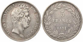 FRANCIA. Louis Philippe I (1830-1848). 5 Francs 1831 A. Ag. KM#735.1. qBB
