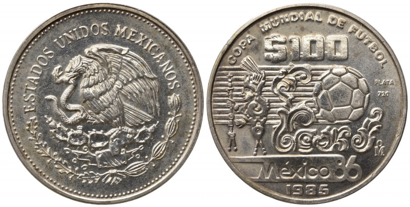 MESSICO. 100 Pesos 1985 "Mondiali di calcio Messico 86". Ag (31,1 g). KM#499. FD...
