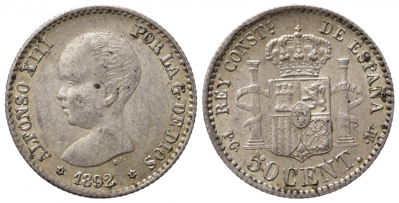 SPAGNA. Alfonso XIII. 50 centimos 1892 (92). SPL