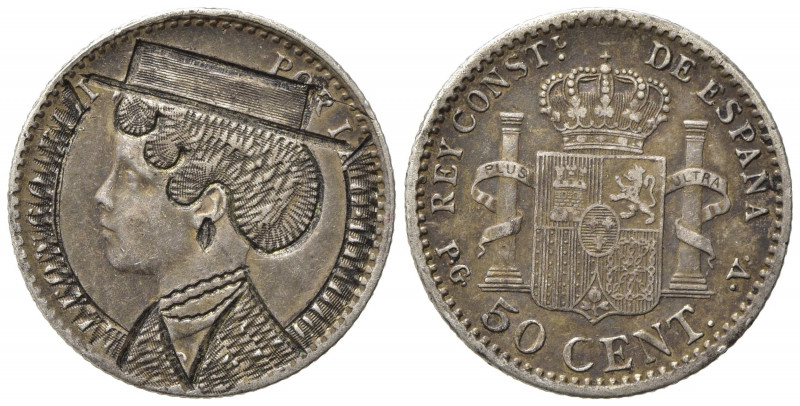 SPAGNA. Satiriche. Alfonso XIII. 50 Centimos. AG. Incisioni coeve. SPL