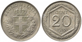Vittorio Emanuele III (1900-1943). 20 centesimi 1918 "Esagono". Gig. 214. Tracce del vecchio conio di Umberto I. SPL+/qFDC