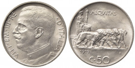 Vittorio Emanuele III (1900-1943). 50 centesimi 1919 contorno liscio "Leoni". Gig. 162 NC. qFDC