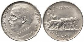 Vittorio Emanuele III (1900-1943). 50 centesimi 1920 contorno liscio "Leoni". Gig. 164. SPL+