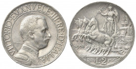 Vittorio Emanuele III (1900-1943). 2 Lire 1908 "Quadriga Veloce" Ag. Gig.96. qBB