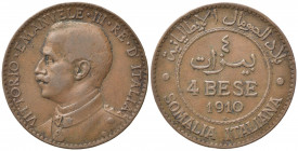 Vittorio Emanuele III (1900-1943). Somalia Italiana (1909-1925). 4 Bese 1910. Gigante 17 NC. BB