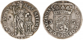 Bataafse Republiek (1795-1806) - Holland - 3 Gulden 1797 met HOLL. (Sch. 81c/R / Delm. 1146) - w/o cross on bible - VF+ / rare