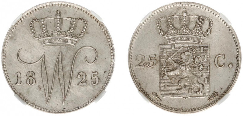 Koninkrijk NL Willem I (1815-1840) - 25 Cent 1825 U (Sch. 289) - NGC UNC Details...
