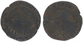 1492 - Jeton Flanders 'Philips de Schone' (Dugn.528) - Obv: Lion with flag inside fence / Rev: Arms Philip le Beau - bronze 27 mm - Fine, rare, ex Sch...