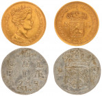 Netherlands - Restrikes - 5 Gulden 1912 - Gold restrike 3,44 gram - XF, added Gelderland 2 stuivers 1785