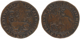1535 - Jeton (Dugn.1308, vMieris418.2) - Obv: Crowned with eagle, arms of Spain and Léon and lion lying down / KZ Armored Charles V on horseback right...