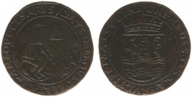 1552 - Jeton 'Inundation of Zeeland' (Dugn.1872, vMierisIII.308) - Obv: Man sitting and feeding fish / Rev: Crowned arms of Zeeland - bronze 28 mm - V...