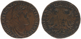 1555 - Jeton 'Abdication Charles V' (Dugn.2002, vMierisIII.372.3, Tas58) - Obv: Laureate and draped bust right / Rev: Crowned double headed eagle, shi...