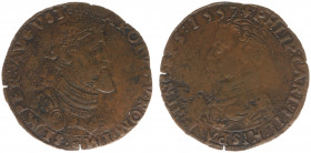 1557 - Jeton Vlaanderen (Dugn.2126, vOrden582) - Obv: Bust Charles V right / Rev: Bust Philip II left - bronze 28 mm - VF, ex HAE auction 66 lot 2412