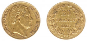 Belgium - 20 Francs 1865 (KM23, Fr.411) - L. WIENER with dot - Gold - VF