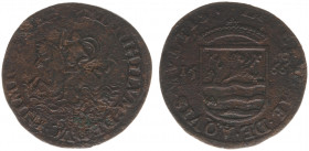 1566 - Rekenpenning 'Flood in Zeeland' (Dugn.2437, vLoonI.77, Tas90) - Obv: King on horseback in rough sea / Rev: Crowned arms of Zeeland - bronze 28 ...