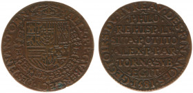 1581 - Jeton 'Capture of Doornik' (Dugn.2843, vLoonI.305.2) - Obv: Crowned arms Alexander Farnese / Rev: 6-line legend - bronze 28,5 mm - VF, rare, ex...