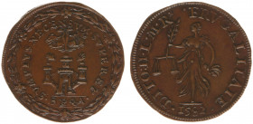 1582 - Jeton Antwerp (Dugn.2914, vOrden880) - Obv: Arms of Antwerp within wreath / Rev: Justice with scales, olive branch and money bag - bronze 29 mm...