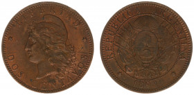 Argentina - Republic - 2 Centavos 1893 (KM33) - Obv: Flagged arms within wreath / Rev: Capped liberty head left - UNC