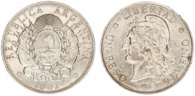 Argentina - Republic - Peso 1882 (KM29, Eliz.33) - Obv: Flagged arms within wreath / Rev: Capped Liberty head - cleaned, VF/XF