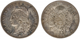 Argentina - Republic - Peso 1882 (KM29, Eliz.33) - Obv: Flagged arms within wreath / Rev: Capped Liberty head - VF/XF