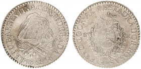 Argentina - La Rioja - 8 Reales 1838-R, medal alignment (KM8) - Obv: Mountains with cannon and flags below / Rev: National arms within wreath, radiant...