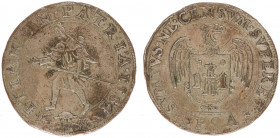 1584 - Jeton 'Needs of Antwerp' (Dugn.3000, vLoonI.350.1, Tas211) - Obv: Pilgrim asks for help / Rev: Imperial eagle holds city arms - silvered bronze...