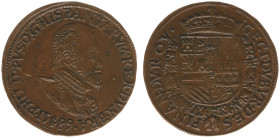 1589 - Jeton 'Bureau des Finances' (Dugn.3248, vOrdenII169) - Obv: Bust Philip II right with PHILIPPVS in legend / Rev: Crowned Spanish arms within Go...